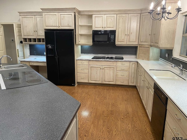 5304 Cedar Creek Dr, Kemp, TX 75143 - kitchen featuring black appliances, light brown cabinets, open shelves, and wood finished floors