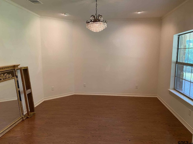 5304 Cedar Creek Dr, Kemp, TX 75143 - unfurnished dining area with dark wood-type flooring, a chandelier, and crown molding