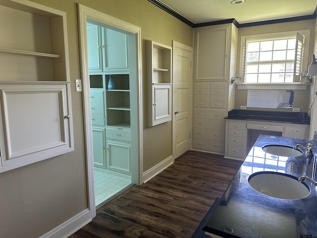 1248 Canada St, Jacksonville, TX 75766 - interior space featuring dark wood-style flooring, a sink, crown molding, and white cabinets