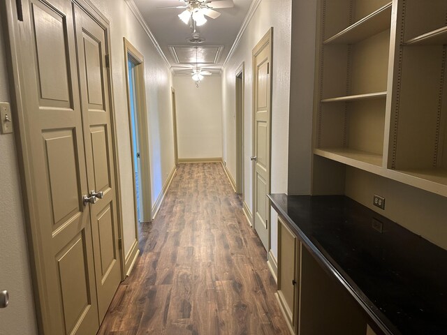 1248 Canada St, Jacksonville, TX 75766 - hall with attic access, crown molding, dark wood finished floors, and baseboards