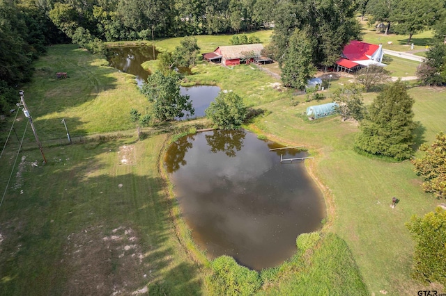 bird's eye view featuring a rural view and a water view