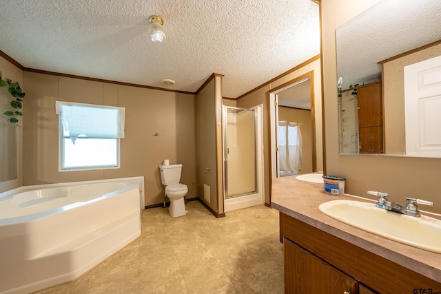 full bathroom featuring plus walk in shower, a textured ceiling, and ornamental molding