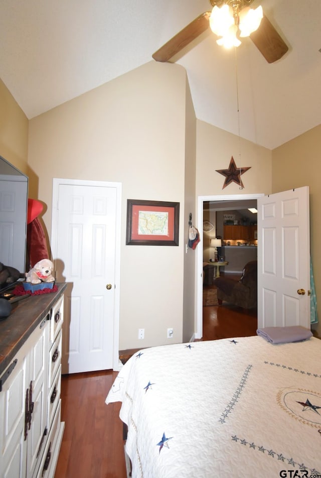 2333 Baretta Dr, Mesquite, TX 75181 - bedroom featuring dark wood-style floors, high vaulted ceiling, and ceiling fan
