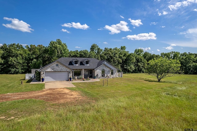 8533 Fm 315, Frankston, TX 75763 - view of front of house with dirt driveway, a front yard, stone siding, and a garage