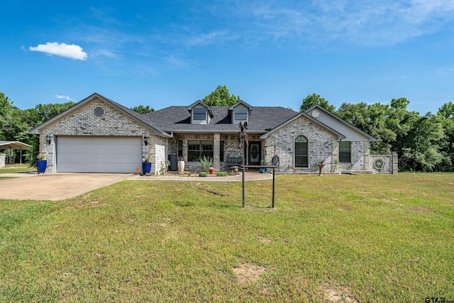 8533 Fm 315, Frankston, TX 75763 - view of front of house featuring brick siding, a garage, driveway, a front yard, and roof with shingles