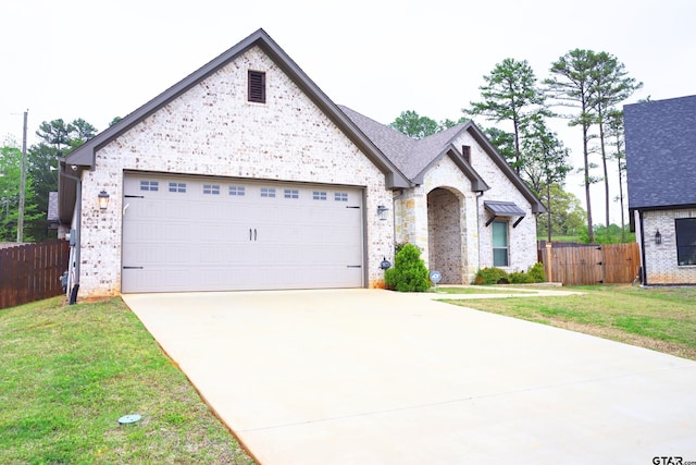 view of front facade with a front lawn, driveway, fence, and brick siding