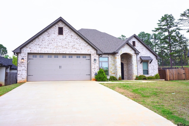 french provincial home featuring driveway, a garage, fence, and a front lawn