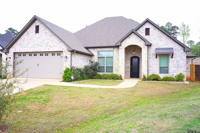 french country home with a garage, concrete driveway, a front yard, brick siding, and a shingled roof
