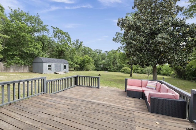 14553 Stone Creek Dr, Tyler, TX 75709 - deck with a yard, fence, an outdoor structure, an outdoor hangout area, and a storage unit