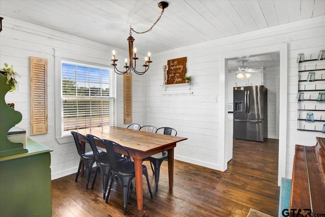 13926 State Highway 64e, Tyler, TX 75707 - dining area with dark wood-style floors, a chandelier, wood ceiling, ceiling fan, and wood walls