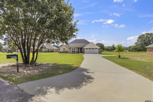 ranch-style house with a garage and a front lawn