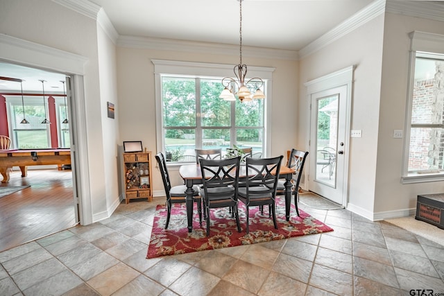 dining space with billiards, light hardwood / wood-style floors, a notable chandelier, and crown molding