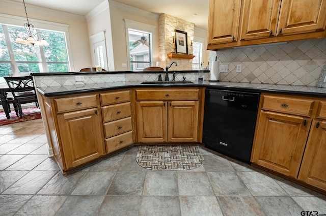 kitchen featuring backsplash, kitchen peninsula, sink, and black dishwasher