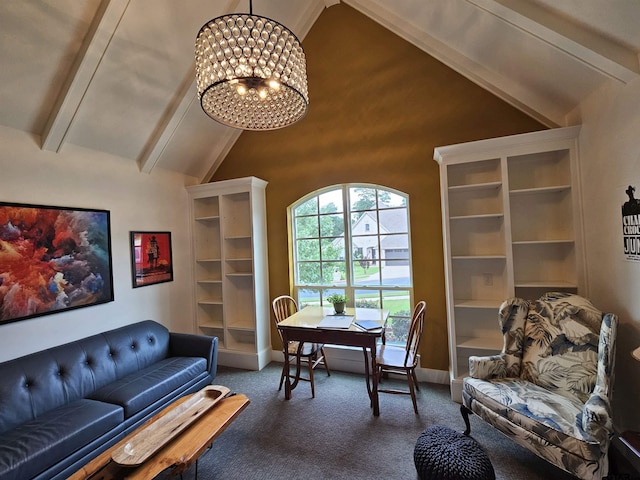 763 Hampton Hill Hill, Tyler, TX 75703 - living room featuring a chandelier, carpet floors, beamed ceiling, and high vaulted ceiling