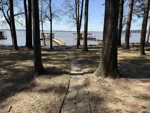 view of yard featuring a boat dock and a water view