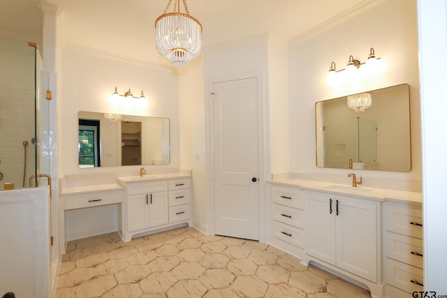 16511 Cooper Way, Tyler, TX 75703 - full bathroom featuring a chandelier, crown molding, a shower stall, two vanities, and tile patterned floors