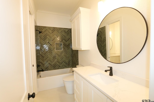 16511 Cooper Way, Tyler, TX 75703 - bathroom with vanity, toilet, bathing tub / shower combination, ornamental molding, and tile patterned floors