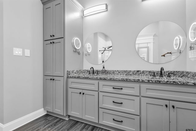 bathroom with vanity and wood-type flooring