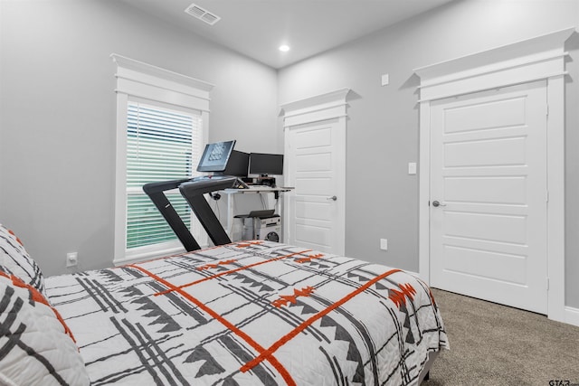 carpeted bedroom with a closet