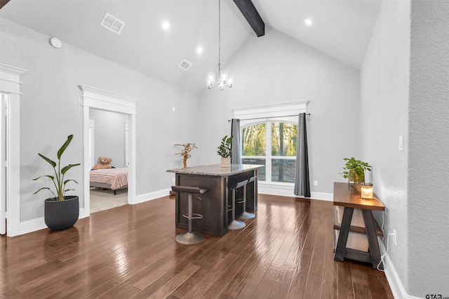 office with beamed ceiling, dark hardwood / wood-style floors, high vaulted ceiling, and a notable chandelier