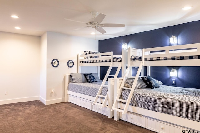 carpeted bedroom with recessed lighting, ceiling fan, and baseboards