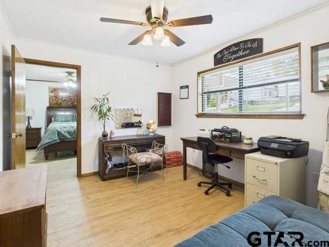 14227 Melody Ln, Malakoff, TX 75148 - home office featuring light wood-type flooring, ornamental molding, and ceiling fan