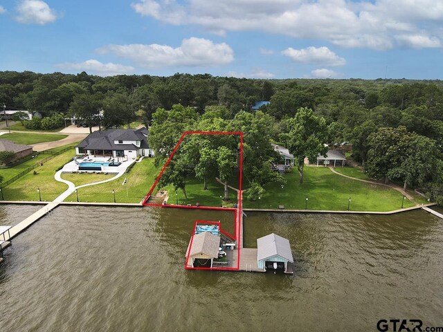 14227 Melody Ln, Malakoff, TX 75148 - view from above of property with a nearby body of water, property parcel outlined, and a heavily wooded area