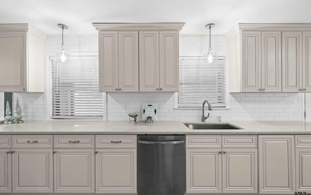 109 Maxine St, Mineola, TX 75773 - kitchen with dishwasher, a sink, backsplash, hanging light fixtures, and light stone countertops