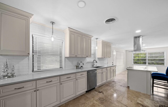 109 Maxine St, Mineola, TX 75773 - kitchen with stainless steel dishwasher, island range hood, a sink, decorative backsplash, and light countertops