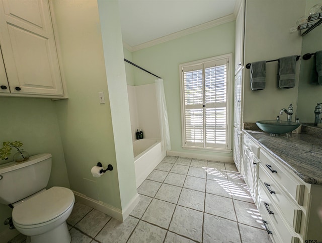 full bathroom featuring shower / tub combo with curtain, tile patterned flooring, toilet, and crown molding