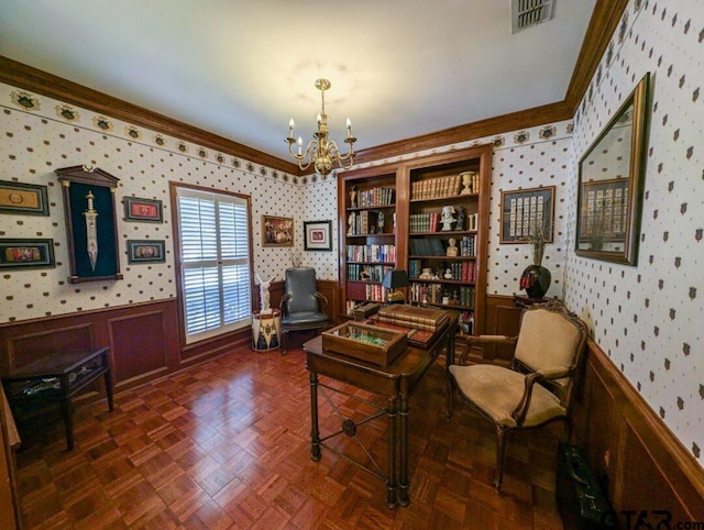 office area featuring ornamental molding, a notable chandelier, and dark parquet flooring