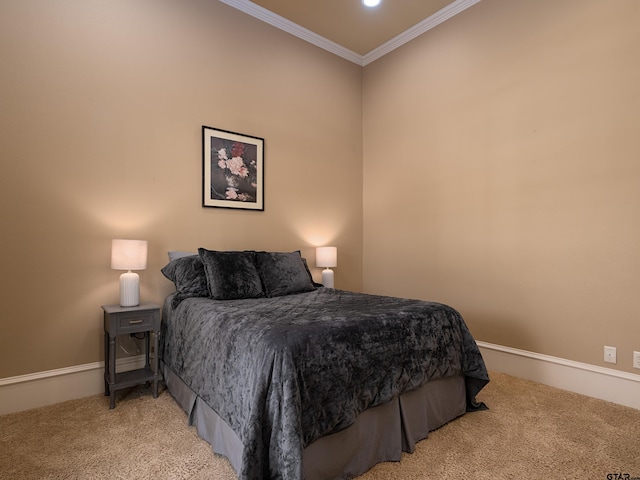 bedroom with light carpet and ornamental molding