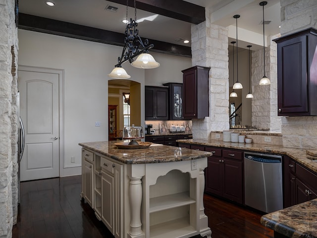 kitchen featuring dishwasher, dark brown cabinetry, beamed ceiling, and a center island