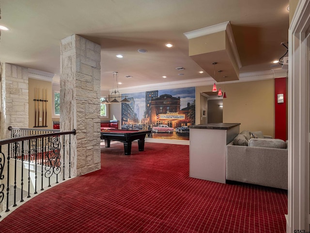 playroom with pool table, dark colored carpet, ornamental molding, and decorative columns