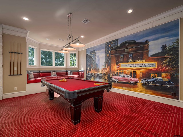 rec room featuring pool table and ornamental molding