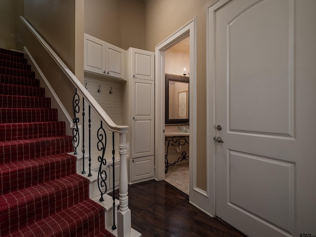 stairs with hardwood / wood-style flooring