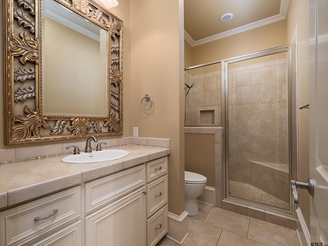 bathroom with tile patterned flooring, ornamental molding, vanity, an enclosed shower, and toilet