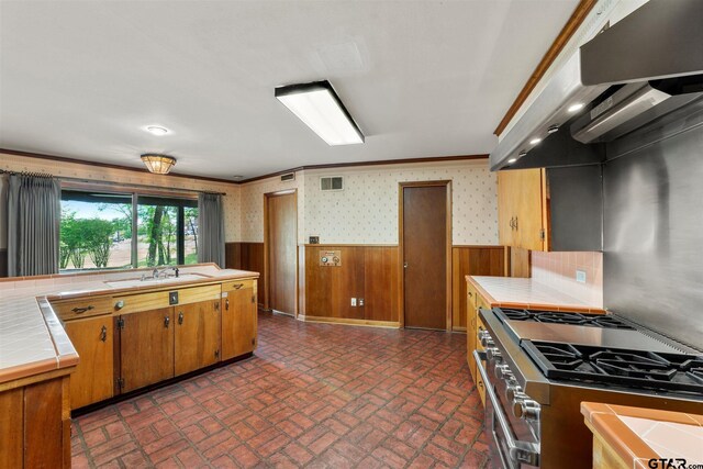 kitchen with a sink, wainscoting, extractor fan, gas range, and tile counters