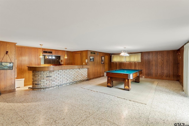 recreation room featuring visible vents, baseboards, wood walls, and pool table