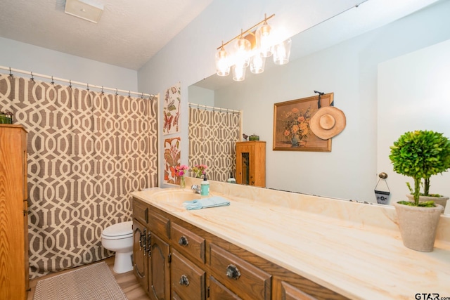 bathroom with vanity, a textured ceiling, and toilet