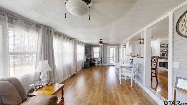 living room featuring hardwood / wood-style floors and ceiling fan