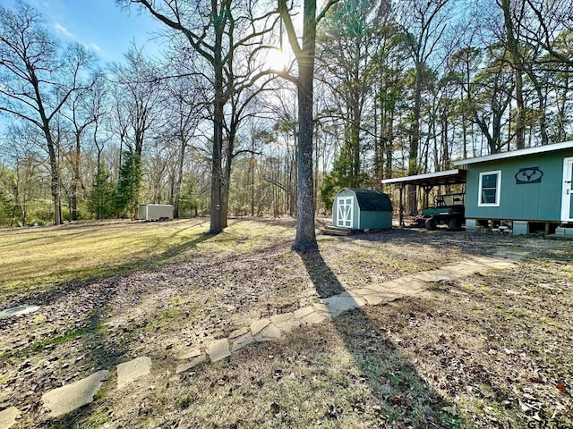 view of yard with a carport and a storage shed