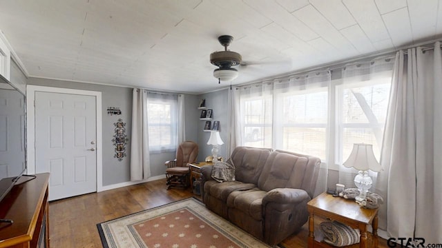 living room featuring hardwood / wood-style floors and ceiling fan