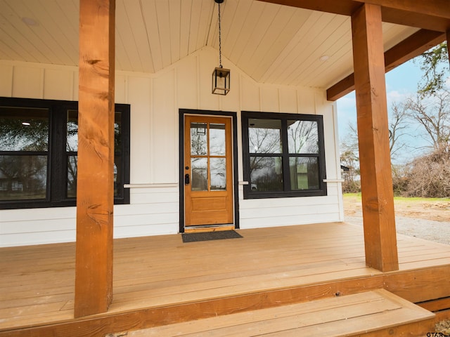 property entrance with board and batten siding