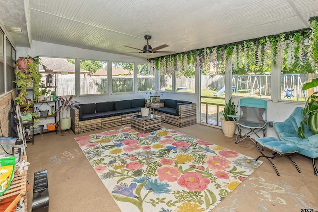 sunroom / solarium with ceiling fan