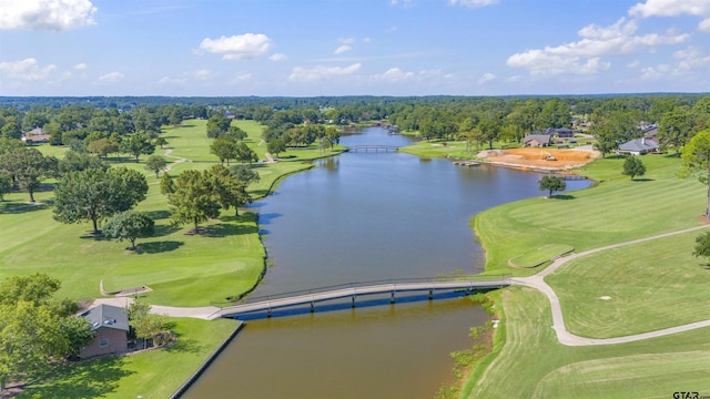 bird's eye view with a water view