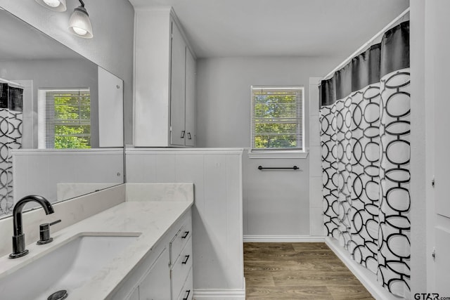 bathroom featuring vanity, curtained shower, wood-type flooring, and a wealth of natural light