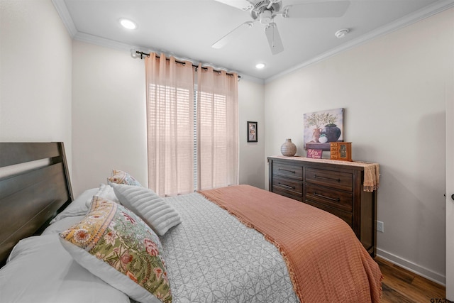 bedroom with ceiling fan, dark hardwood / wood-style floors, and ornamental molding