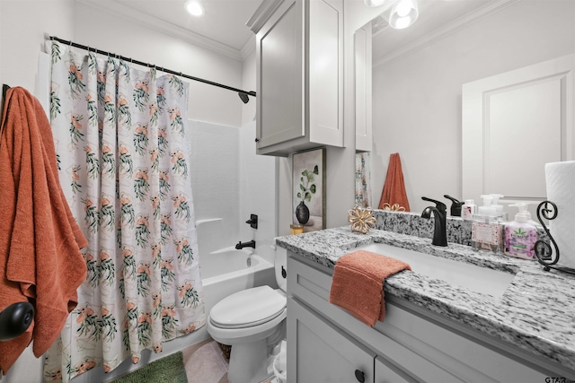 full bathroom with shower / tub combo with curtain, vanity, toilet, and ornamental molding