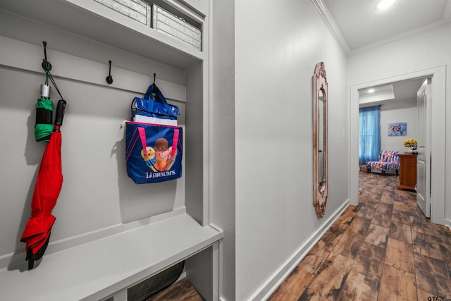 mudroom featuring dark hardwood / wood-style floors and crown molding